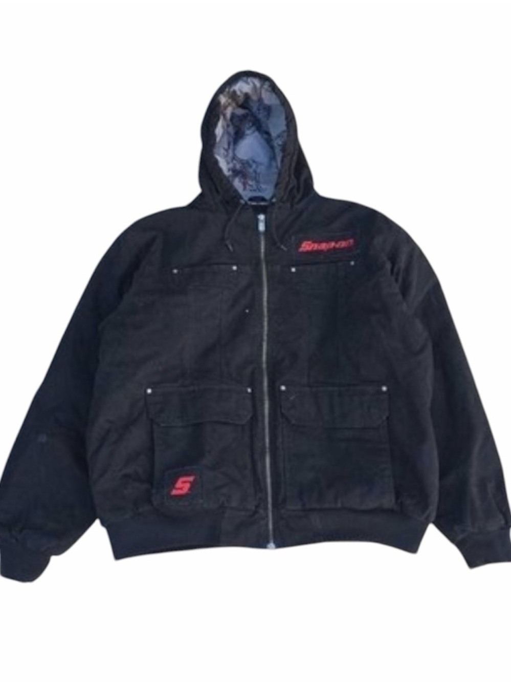Snap On Vintage Black Hooded Canvas Chore Jacket Coat heavy Insulated pockets